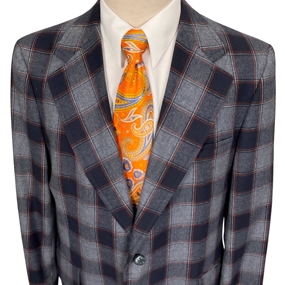 American Craftsmen Clubman Mens 42 Gray Windowpane‎ Plaid 70s Tom Straughn VTG